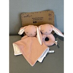Dream Gro Pink Bunny Lovey Rattle Set Baby Security Blanket Embroidered 2 Pc New